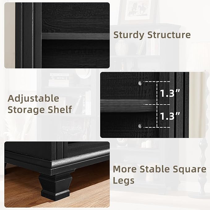 SAVOR LIFE 70" Tall Black Bookshelf,5 Tier Wooden Book Shelf with Adjustable Shelves & Wood Legs,Free Standing Farmhouse Bookcase with Open Display Storage,Vintage Bookshelves for Living Room, 2PCS