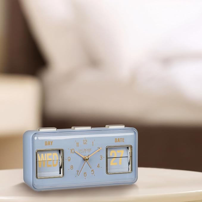 La Crosse Clock 636-379BL Daily Flip Blue Periwinkle Tabletop Alarm Clock with Calendar