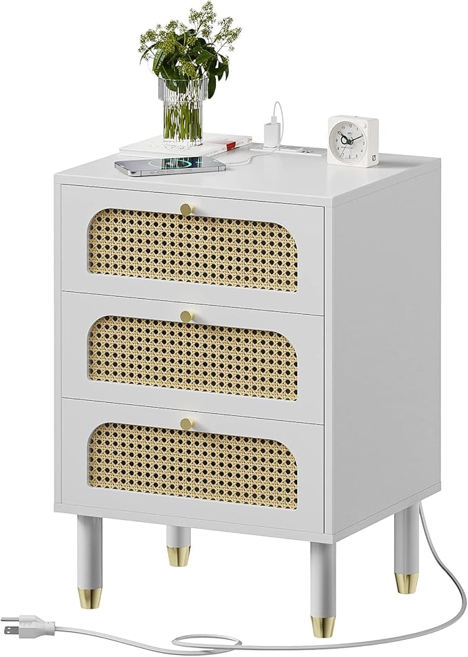 VINGLI Rattan Nightstand with Charging Station, 27" Tall White Nightstand with 3 Drawers for Bedroom, Boho Mid Century Modern Bed Side Table/End Table (White, 1 Pack)