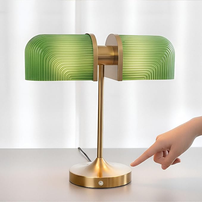 Vintage Milk Glass Bankers Desk Lamp - Dimmable Touch Control Bedside Lamp with USB A+C Charging Ports, for Bedroom Nightstand & Living Room, Bulb Included (Green)