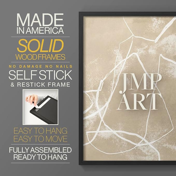 Renditions Gallery Set of 2 Peel & Stick Framed Prints, Neutral Abstract Wall Art, Beige Line Art Pattern Wall Decor, Re-Stickable - Ready to Hang - 11"x14" - Black Frame LT588