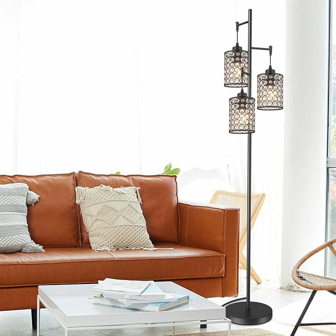 EE Eleven Master YeLEEiNO Floor Lamps,Modern 3-Light Tree Floor Lamp for Living Room Crystal Standing Lamp with On/Off Switch Elegant Black Pole Light for Bedrooms Office Hotel