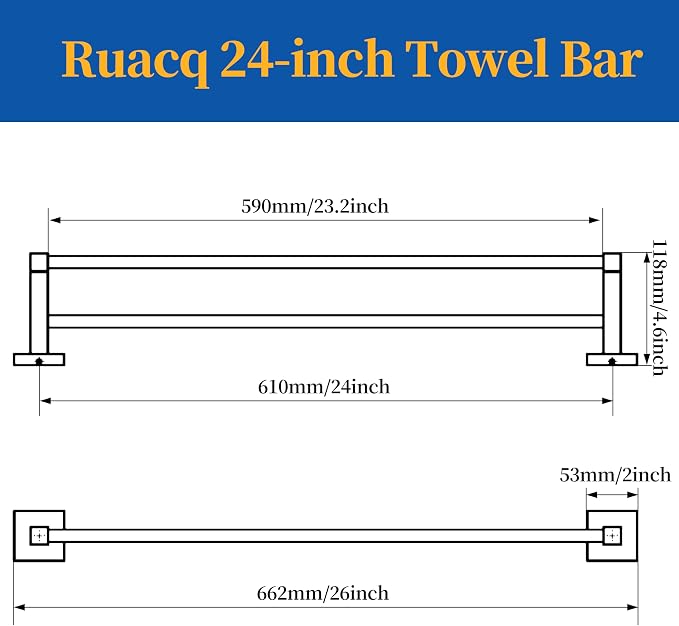 RUACQ Double Towel Bar, 24 Inch Towel Racks for Bathroom Wall Mounted, 304 Stainless Steel Bath Towel Rod with Square Base(Brushed Nickel)