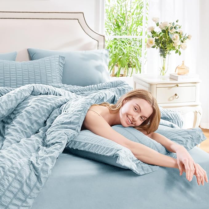 CozyLux Twin XL Comforter Set for College Dorm, 5 Pieces Light Blue Seersucker Twin Extra Long Bed in a Bag, Down Alternative Bedding Set with Comforter, Sheets, Pillowcase & Sham, Back to School Gift