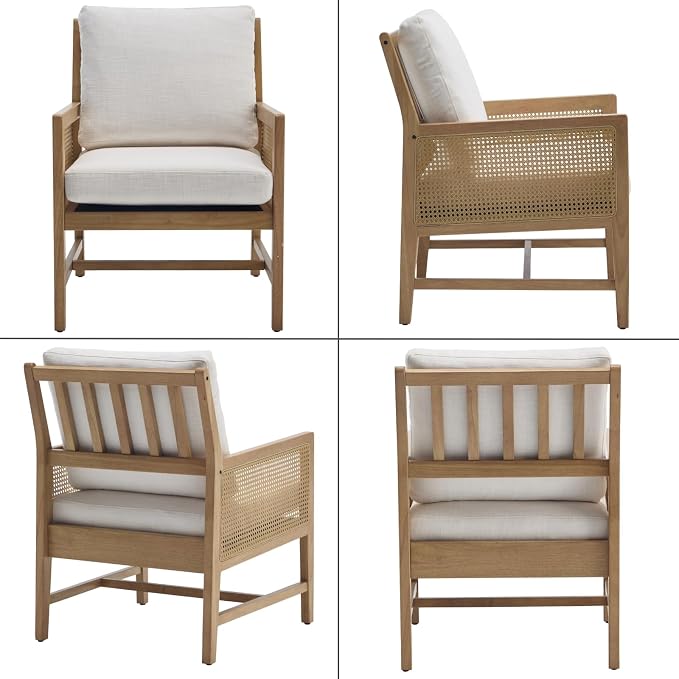 chairus Mid-Century Modern Accent Chairs Set of 2, Upholstered Solid Wood Armchairs with Cane Armrests & Slat Back, Comfy Rattan Reading Chairs for Living Room Bedroom Guest Room, Cream White Linen