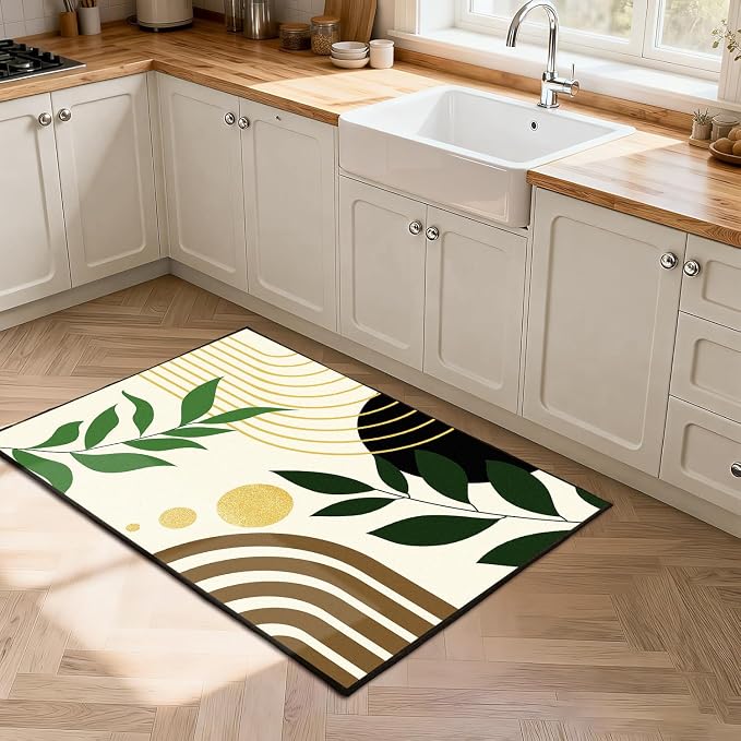 Modern Abstract Rug Geometric Area Rug Boho Green Leaf Floor Mat Soft Washable Carpet for Entryway Bedroom Living Room Kitchen Home Decor 3'x5'