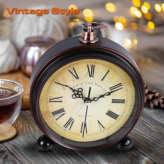 Vintage Analog Alarm Clock, 5.25 inch Small Silent Desk Clock with Night Light, Battery Operated for Table, Bedroom, Bedside, Living Room, Gift Clock (Classic2046)