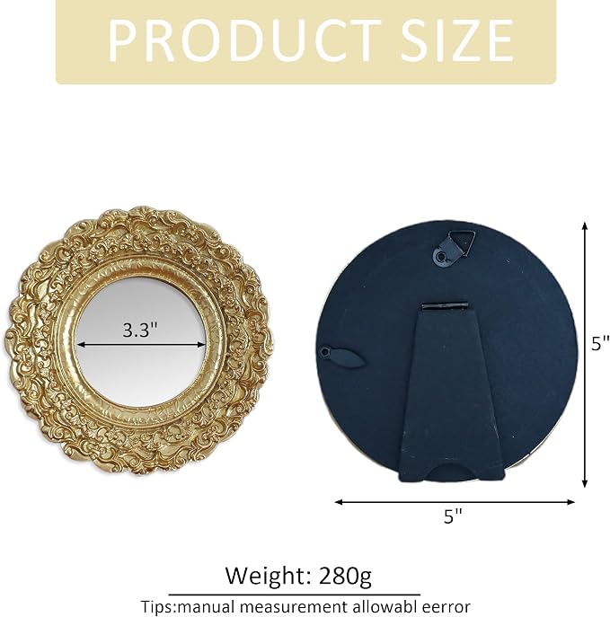 Golden Mini Vintage Mirror with Exquisite Relief Elegant Wall Decor for Bedroom Dresser Table Compact Resin Retro Design (Gold Round, 5X5)