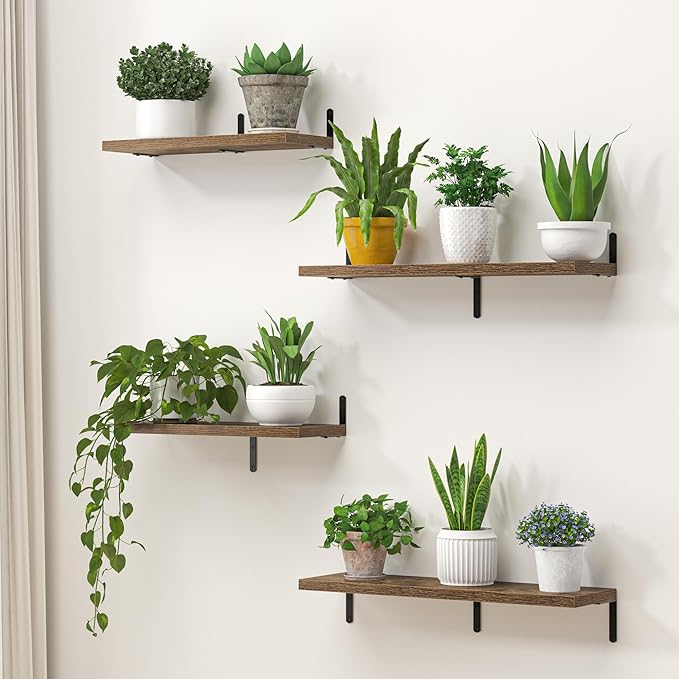Marsmiles Extra Wide Floating Shelves for Wall, 16x8 Inch Natural Wood Grain Bookshelves, Heavy Duty Mounted Shelving for Bathroom, Kitchen, Living Room, Bedroom,Set of 8,Rustic Brown