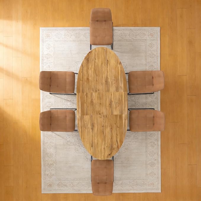 63"-78.7" Extendable Round Dining Table Set for 6, 7 Piece Mid Century Modern Oval Kitchen Table Set, Large Dining Table with 6 Dining Chairs for Living Room Space Saving(Walnut Table+6 Brown Chairs)