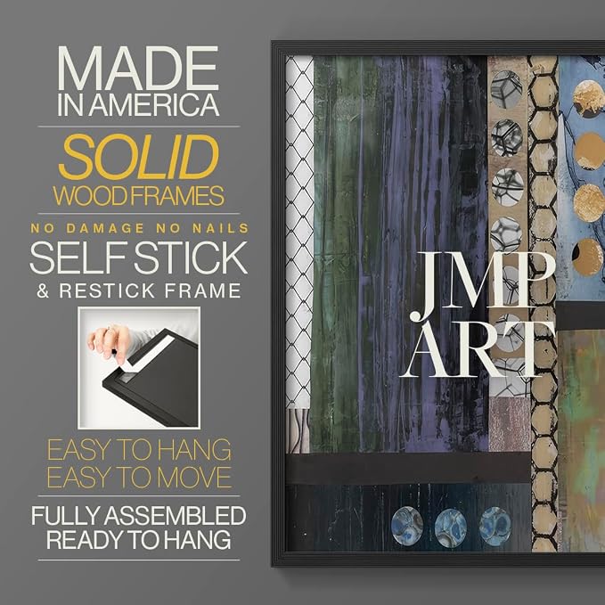 Renditions Gallery Set of 2 Peel & Stick Framed Prints, Geometric Abstract Wall Art, Hexagonal and Circular Pattern Wall Decor, Re-Stickable - Ready to Hang - 16"x20" - Black Frame LT588