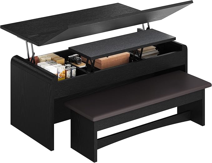 Coffee Table Lift Top, 40'' Multi-Function Coffee Table Set with Bench & Hidden Compartment, Center Table w/Curved Corner, Converts to Home Office Table, Dining Table for Living Room, Black