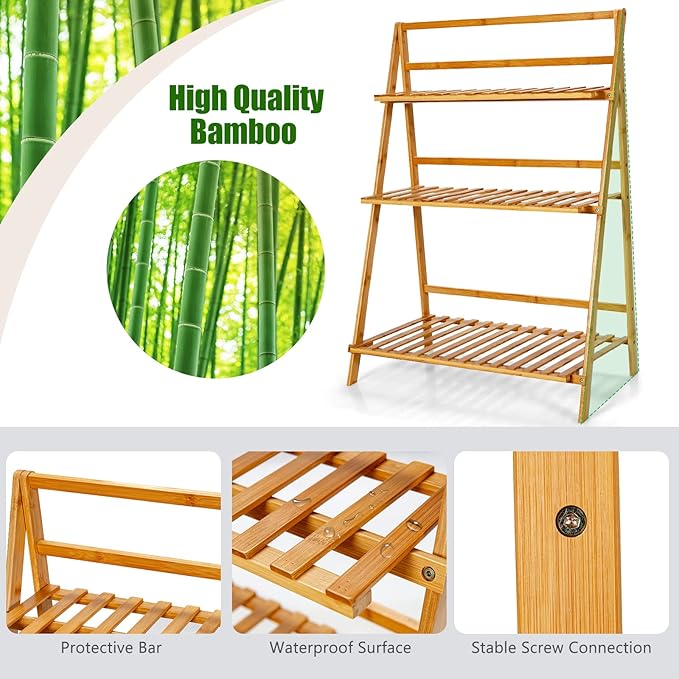 Giantex Bamboo Ladder Plant Stand, 3 Tier Folding Bamboo Plant Shelf, Foldable Flower Pot Display Shelf Rack, Multiple Plants Holder Organizer Storage Shelf for Indoor Outdoor Balcony Garden (Natural)