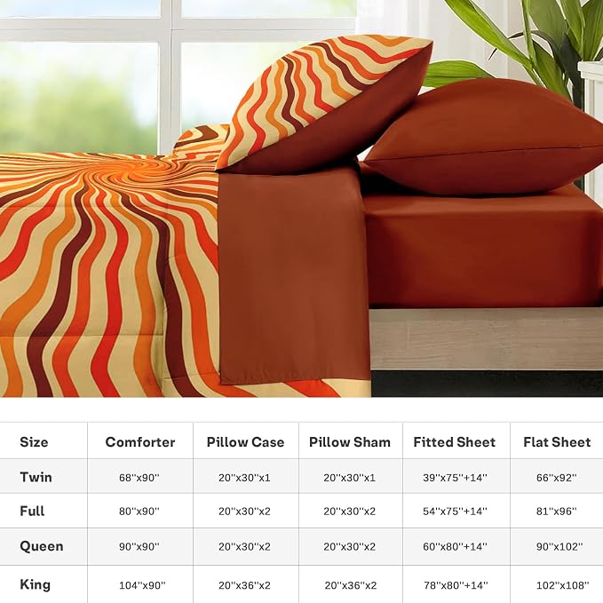 Nesker 5 Pcs Comforter Set Twin Size, 70S Retro Vintage Bedding Set for Kids and Adults, Orange Brown 50S Bed Sheet Sets with Fitted Sheet Pillowcases & Shams