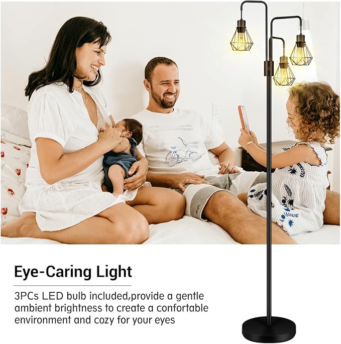 BoostArea Industrial Floor Lamp,Metal Diamond Lampshade,Modern Stand Up Lamp with 3 Light, Bulbs Not Included,Simple Design Floor Lamp for Bedroom, Living Room, Office, Kids Room, Reading