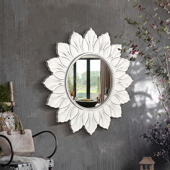 Sunflower Sunburst Wall Mirror, 22" Distressed White Wooden Frame, Handcrafted Petal Floral Design, Vintage Farmhouse Style Mirror for Wall Decor for Living Room, Bedroom, Bathroom, Vanity