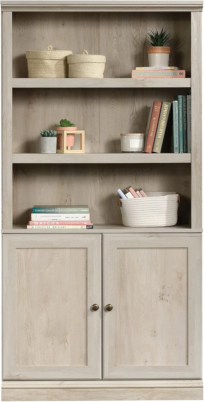 Sauder Miscellaneous Storage Bookcase with Doors, Adjustable Shelves, 5 Shelf Bookcase - Chalked Chestnut Finish