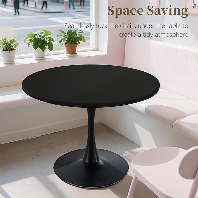 42 Inch Round Dining Table,Mid-Century Tulip Table with Metal Pedestal Base,Modern Leisure Table for Small Space Kitchen Dining Room,Easy Assembly,Black