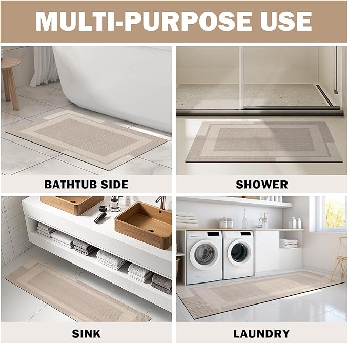 Extra Long Non Slip Bathroom Runner Bath Mat, Rubber Backing Ultra Thin Bath Rug Fit Under Door Quick Dry Super Absorbent Washable Shower Mat for Bathroom Floor Bathtub Sink, Beige 24"x70"