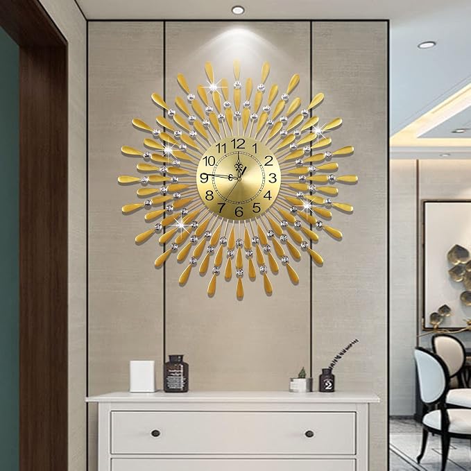 Large Wall Clock Metal Decorative Wall Clocks 3D Non-Ticking Silent Quartz Clocks with Arabic Numerals for Living Room Home Kitchen Decor