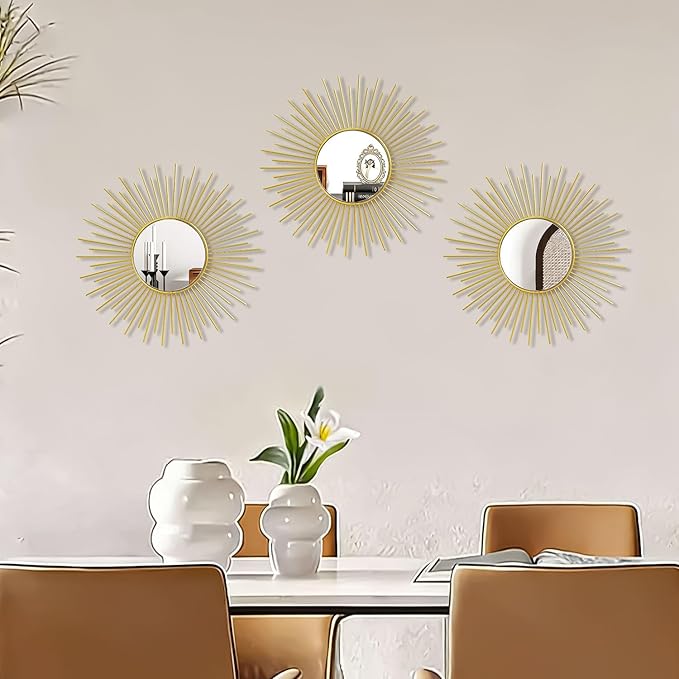 3 Pack Metal Mirrors for Wall Sunburst Wall Mirrors Home Décor Decorative Hanging Wall Art for Living Room Bedroom Entryway (Gold2, Sunburst)