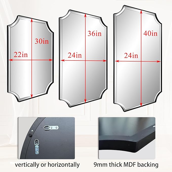 POZINO Rectangle Beveled Mirror, 24"x40" Bathroom Vanity Mirrors for Over Sink, Modern Matte Black Decorative Wall Mirror, Rounded Corner Oblong Mirrors for Living Room Bedroom Fireplace Entryway