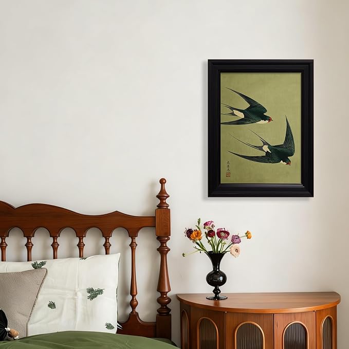 Vintage Framed Japanese Flying Swallow Wall Art Asian Japandi Bird Animal Poster Nature Vintage Green Canvas Prints for Living Room Bedroom Home Decor 16x20 inch