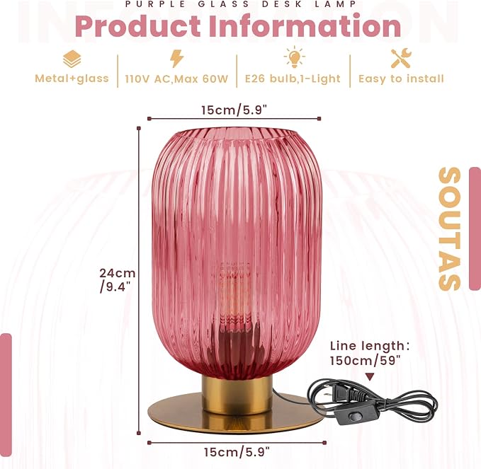 Girls Room Table Lamp Pink Glass Mid Century Modern Desk Lamp E26 Base 1-Light Gold Bedside Decorative Nightstand Lamp for Bedroom Office (Bulb not Included)