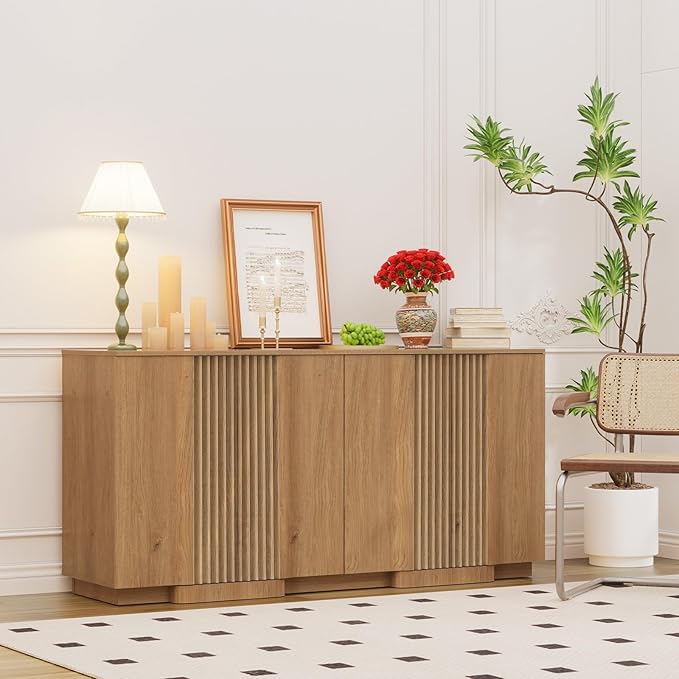 Yechen Buffet Cabinet with Storage, 59" Accent Sideboard Modern Credenza with Doors & Adjustable Shelves Fluted Media Console Wood Coffee Bar Table for Living Kitchen Dining Room
