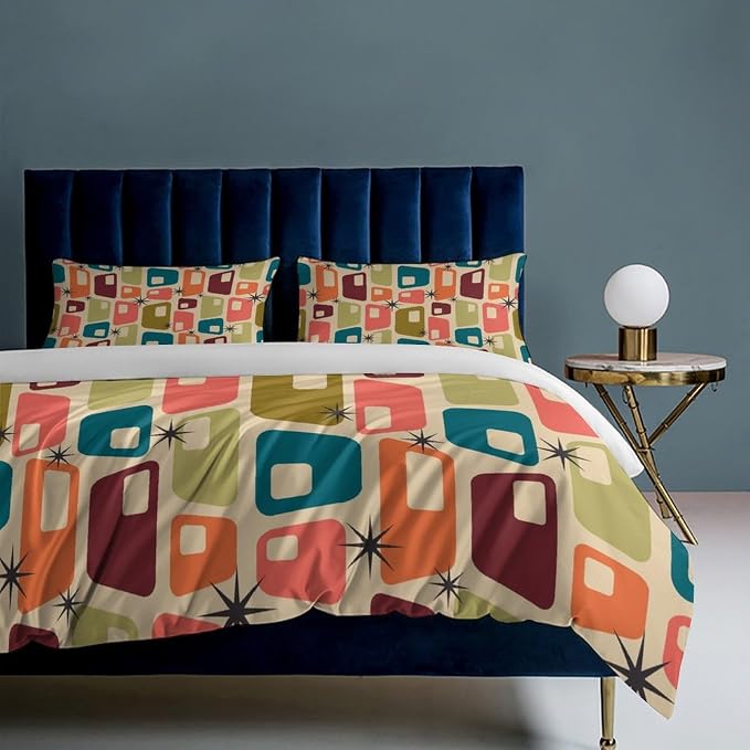 Modern Mid Century Duvet Cover Queen Retro Atomic Bedding Set, Rainbow Grid Comforter Cover Vintage Fifties 1950s Bed Set,Abstract Art Bedding 3 Piece (1 Duvet Cover 90"x90" + 2 Pillow Sham 20"x30")