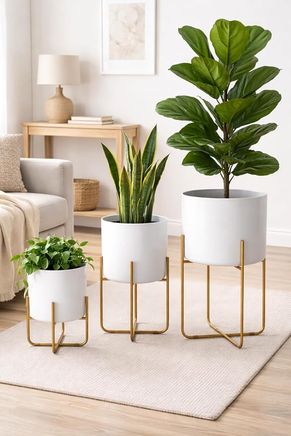 Kirpi Modern Planter Pots, Set of 2 Round White Planters with Gold Stand, Decorative Floor Planters, Metal Pots with Drainage Holes for Living Room, Office, Garden, 7 and 9 Inch Diameter