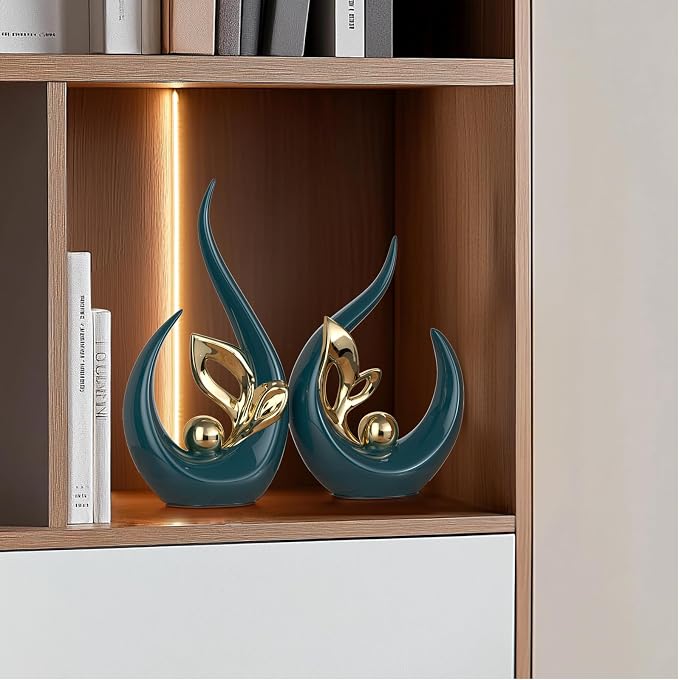 Teal Gold Home Decor Accent,Abstract Ceramic Statue and Sculptures for Living Room,Mid Century Modern Decor for Desktop Bookshelf tv Stand Fireplace Coffee Table Centerpieces Decorations
