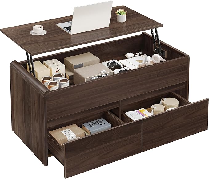 Coffee Table Lift Top, 40 Inch Multi-Function Coffee Table with 2 Drawers, Hidden Compartment, Curved Profile Design, Converts to Home Office Table, Dining Table for Living Room, Walnut