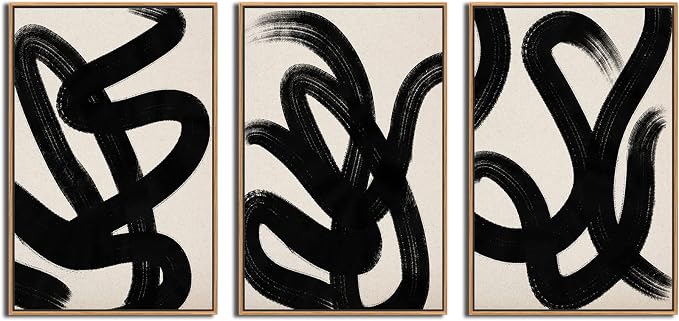 arteWOODS Framed Wall Art Canvas Abstract Lines Pictures Modern Mid Century Boho Wall Decor Minimalist Abstract Black Stroke Lines Painting Artwork Living Room Bedroom Home Office Natural 16"x24"x3pc