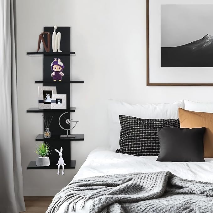 VIWODS 5 Tier Wall Shelf Unit-Black Floating Shelves for Home Decor, Modern Unique Asymmetric Design for Bedroom & Living Room Storage