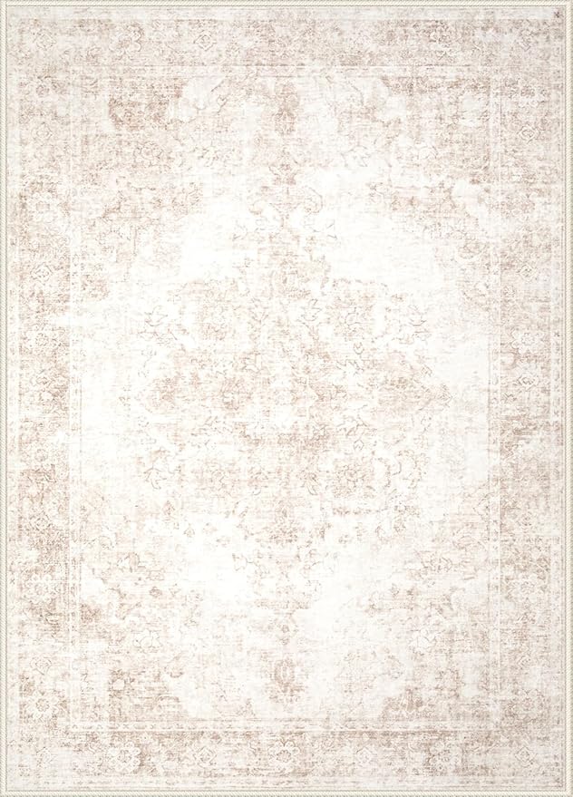 Area Rug 6x9 Vintage Rug: Washable Indoor Medallion Rugs Low Pile Distressed Floor Carpet Retro Accent Rug for Living Room Bedroom Kitchen Dining Table Home Office(Retro Beige, 6'x9')