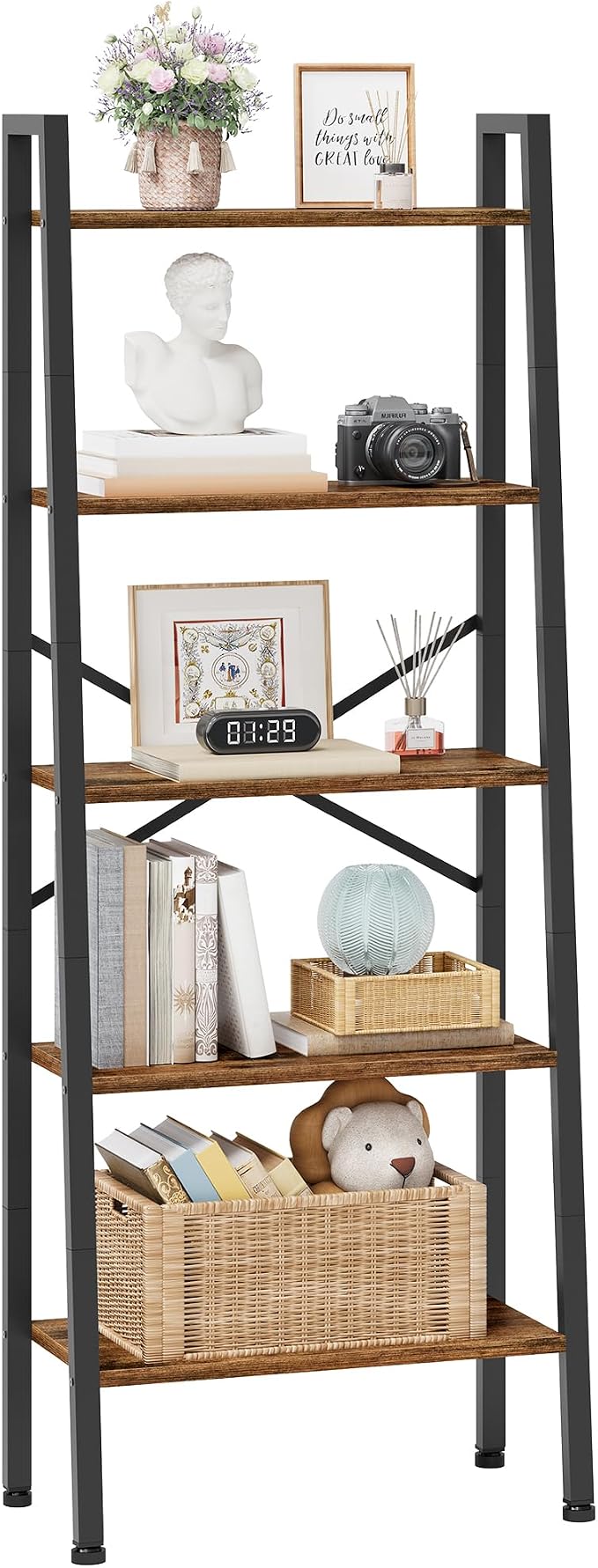 Hoctieon Industrial Ladder Bookshelf, Multifunctional Ladder Shelf, 5-Tier Tall Bookshelf, Open Ladder Shelf Bookcase, for Living Room, Home Office, Kitchen, Bedroom, Metal Frame, Rustic Brown