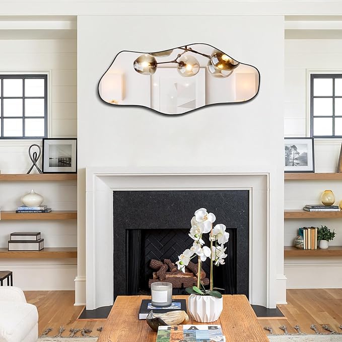 Irregular Wall Mirror, Asymmetrical Frameless Mirrors, 40"x17.7" Bathroom Mirror for Over Sink, Modern Cloud Shaped Mirrors for Living Room Bedroom Hallway Entryway Fireplace