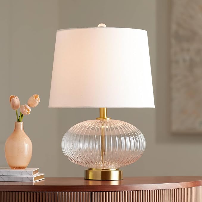 360 Lighting Darrah 20" High Small Mid Century Modern Accent Table Lamp USB Port Clear Glass Gold Brass Finish Single Off-White Shade Living Room Charging Bedroom Bedside Nightstand House Office
