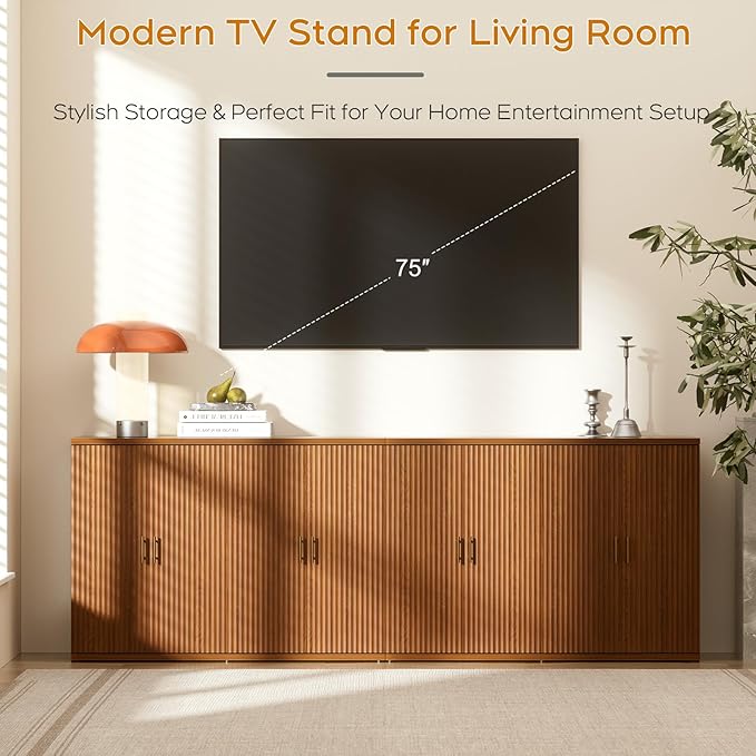 Yechen Walnut Accent Fluted Sideboard Buffet Cabinet with Storage and 4 Doors, Mordern Credenza Storage Cabinet with Adjustable Shelves, Media Console Table, for Living Room Dinning Entryway Kitchen