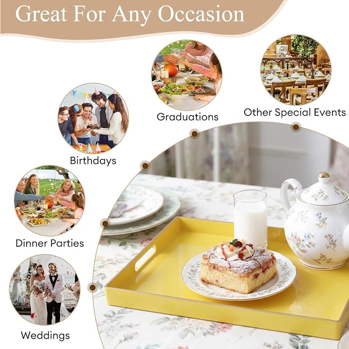 Decorative Plastic Serving Tray with Handles, Modern Vanity Organizer for Bathroom, Kitchen, Ottoman and Coffee Table (Yellow, Rectangular)