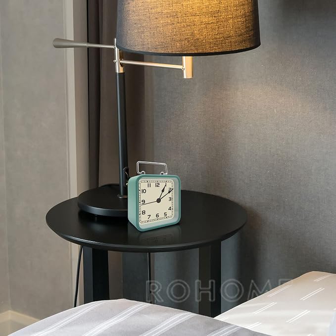 Rohome Small Alarm Clock, Retro Silent Quartz Movement with Night Light, Decorative Vintage Non Ticking Clock for Living Room, Office, Desk, Bedroom, Bedside, Hotel, Shelf, Nightstand (Blue)