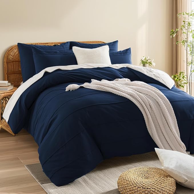 NEXHOME PRO 100% Organic Cotton Duvet Cover Super King Size, Linen Like Pleated Textured Navy Duvet Cover Set, 3pc Bedding Set with Zipper Closure, Soft,108"x98", No Comforter