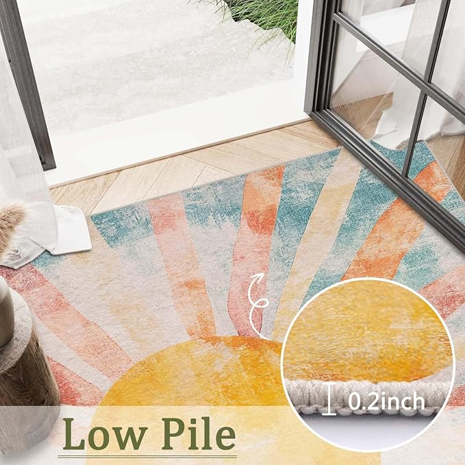9x12 Boho Sun Area Rug Retro Orange Yellow Blue Beige Bedroom Rug Low Pile Thin Large Carpet Living Room Non Slip Dining Room Stain Resistant Office Washable Machine Classroom