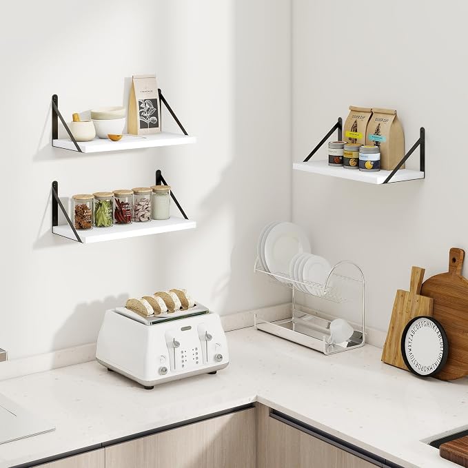 Heimlove Floating Shelves for Wall Set of 3,Light Wood Wall Mounted Bookshelf Decorative Shelf for Living Room Bathroom Kitchen Laundry Pictures Plants Books Cats TV,White