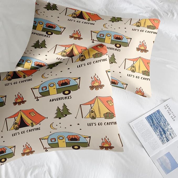 Pamnest Comforter Set Full Size, Summer Camp RV 7 Pcs Bedding for Kids and Adults, Camping Adventure Bed Sheet Sets with Fitted Sheet 2 Pillowcases & 2 Shams for Bedroom Bed Decor