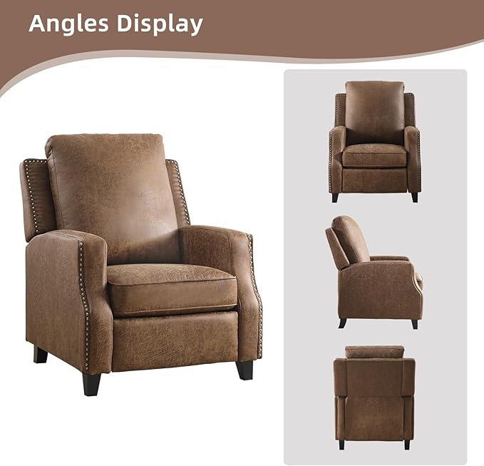 Push Back Recliner Chair Faux Leather Pushback Armchair with Rivet Decoration Wingback Single Sofa Chair with Padded Seat Solid Wood Legs for Living Room, Comfy Upholstered Set of 2, Brown