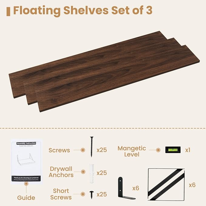 Heimlove Floating Book Shelves for Wall,47.2 Inches Long Wall Mounted Bookshelves,Heavy Duty Bracket Shelves for Living Room Kitchen,Laundry Room Storage & Decor,Set of 3,Walnut