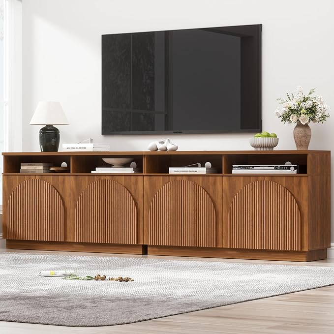 Yechen Walnut Fluted Sideboard Buffet Cabinet with Arched Reeded Design Doors, Mid Century Modern Credenza Storage Cabinet with Adjustable Shelves, for Living Room Kitchen Dinning Entryway