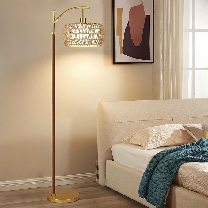 ILLMTW Boho Floor Lamp for Living Room,Bedroom,Rattan Standing Lamp with Remote Dimmable,Wood Vintage Mid Century Modern Gold Tall Lamp Wicker Lamp Shade Floor Lights Bohemian Tiffany Style